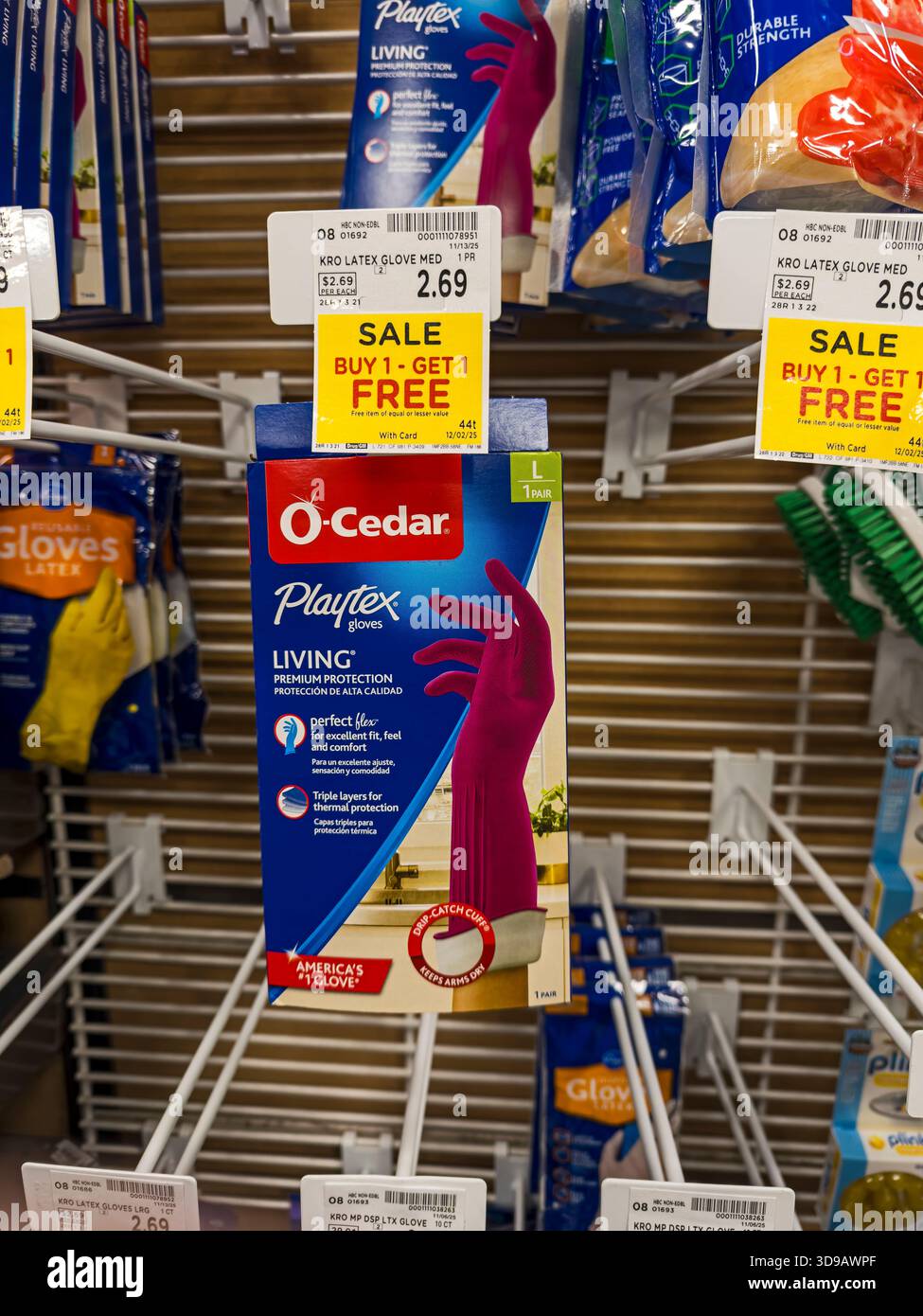 Example of a BOGO (buy one, get one free) on O-Cedar Playtex Gloves in a Kroger supermarket. - Smartphone Captured Stock Image