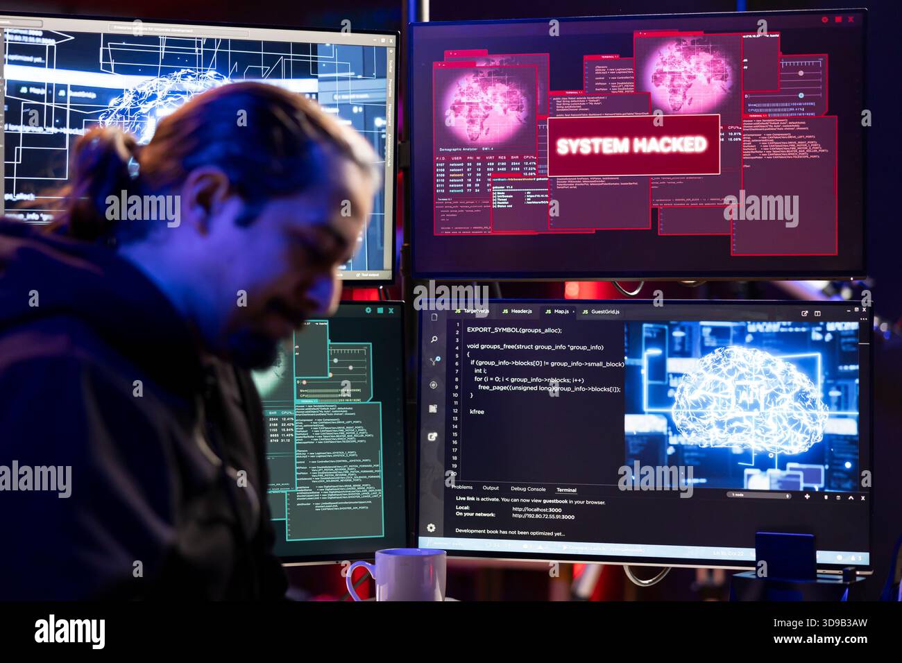 Hacker getting system hacked popup alert on computer display screen after using artificial intelligence malware software. Evil man in underground HQ trying to hide online activity after stealing data Stock Photo