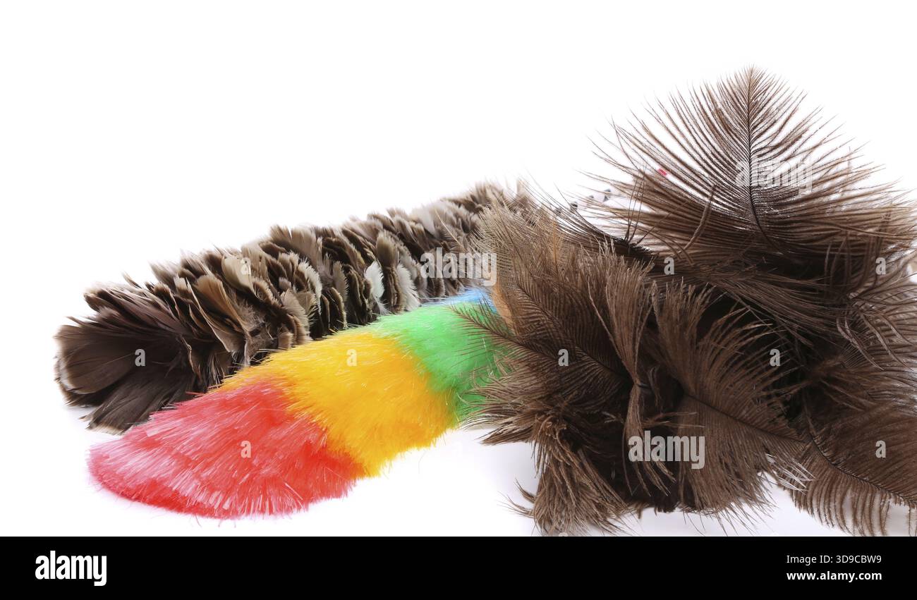 Three different dusters on a white background Stock Photo