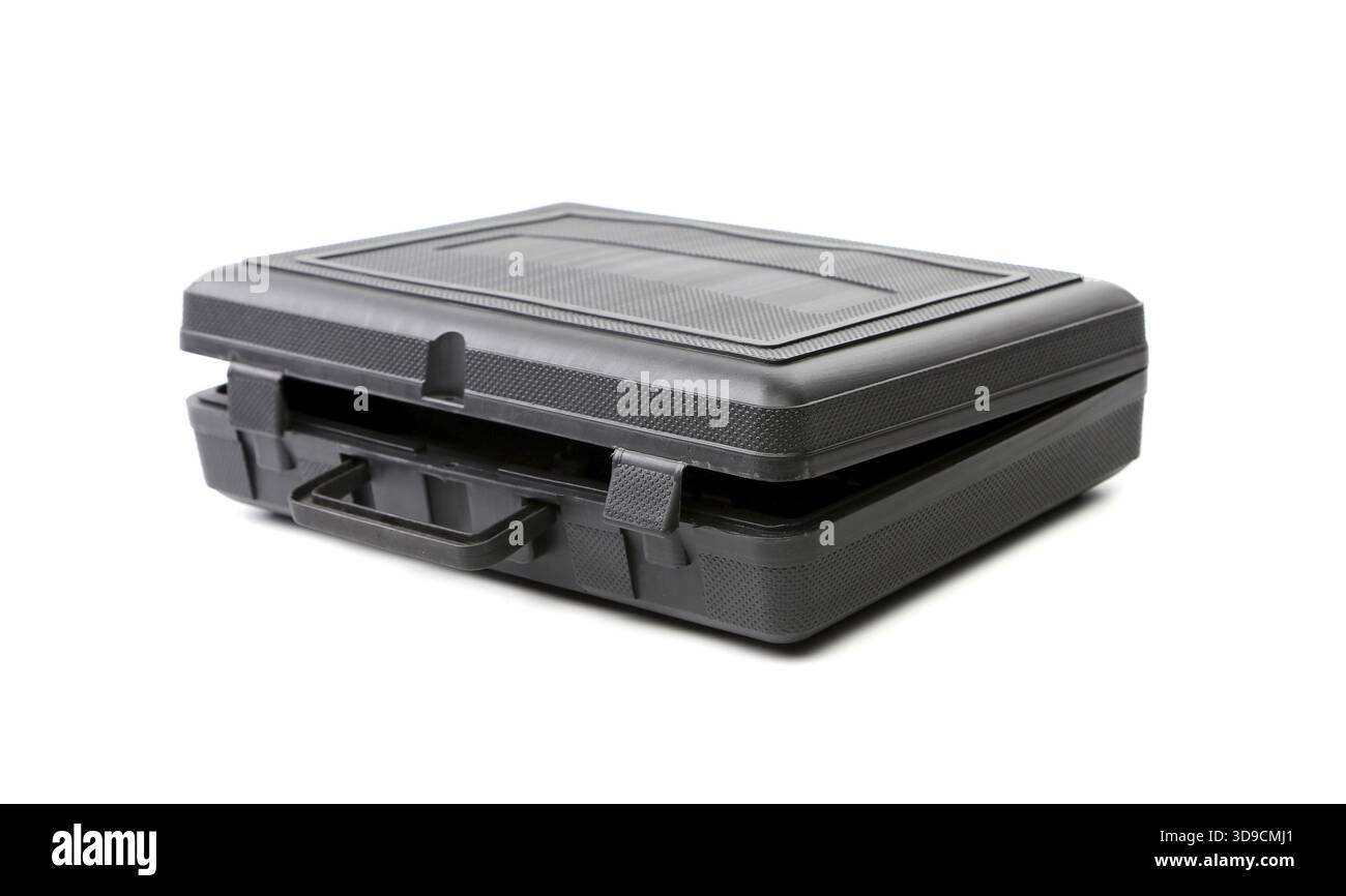 Opened black plastic case. Photos isolated on white background Stock Photo