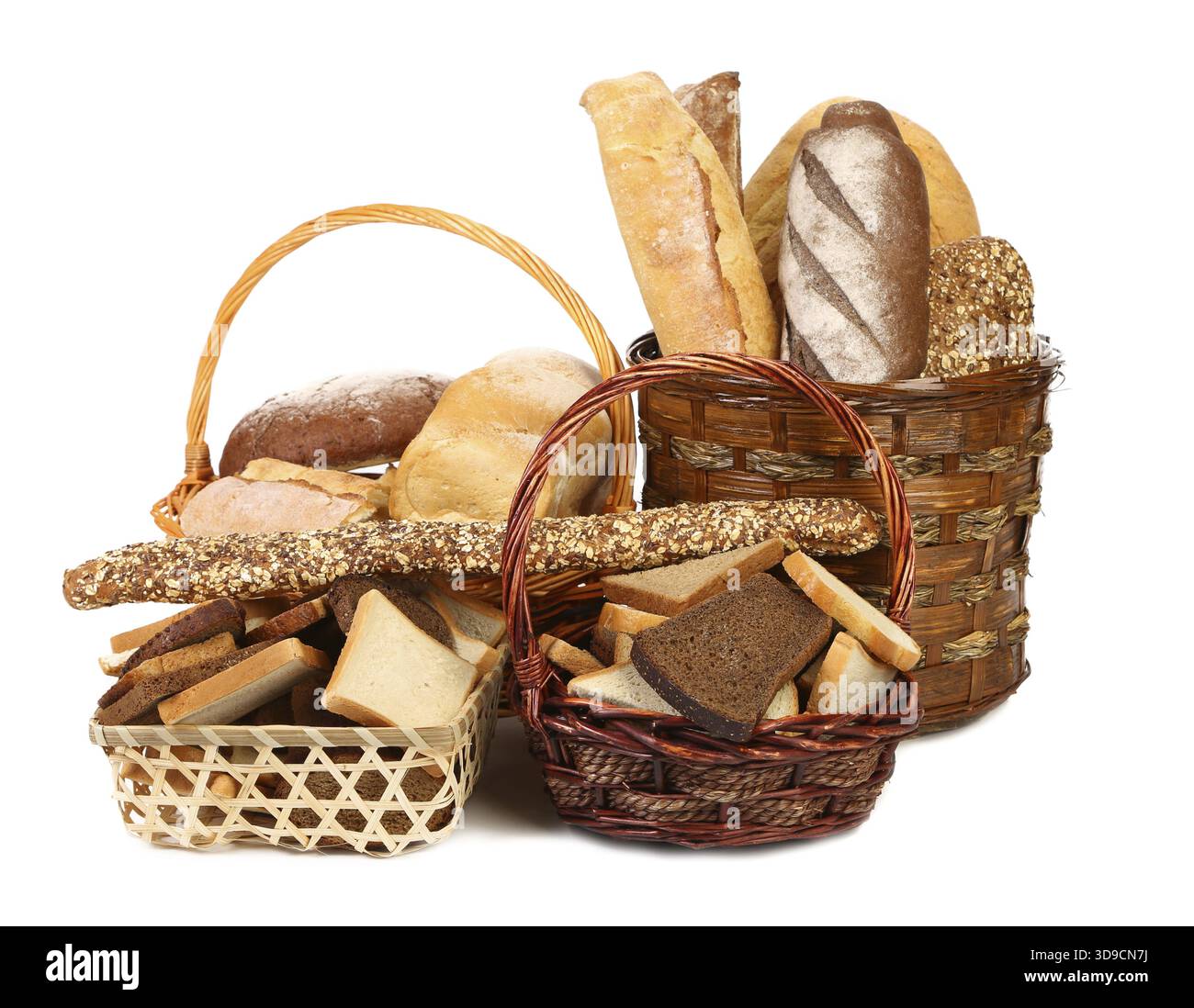 Fresh bread in baskets isolated on a white background Stock Photo