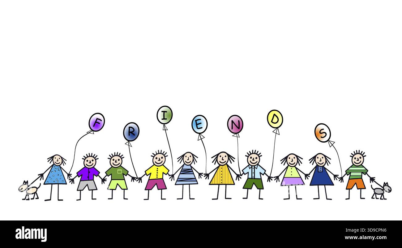 Cartoon illustration of multi kids holding hands Stock Photo - Alamy