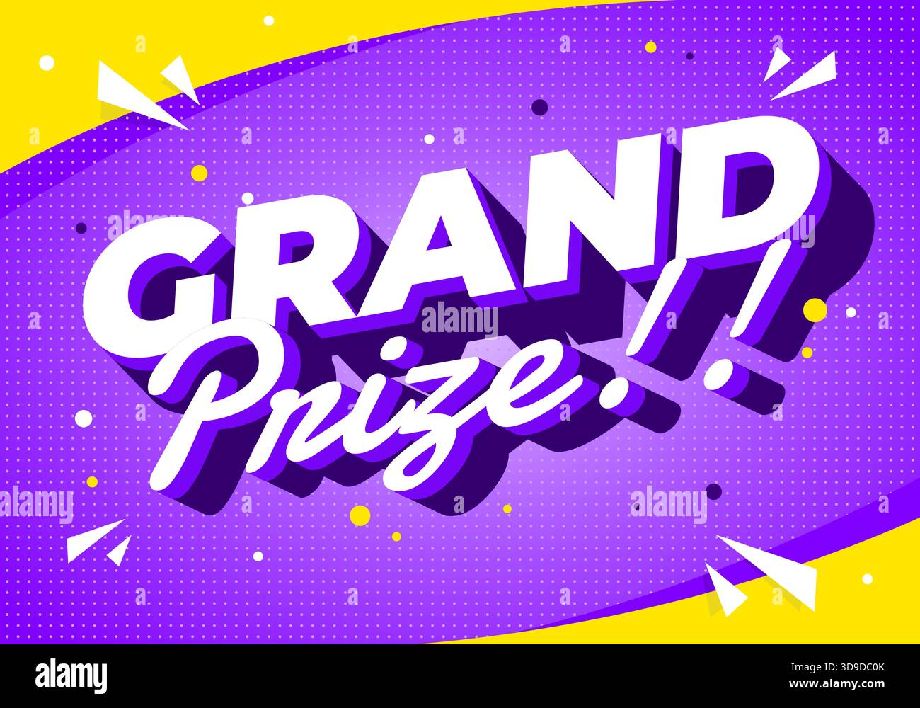 Bold and colorful Grand Prize text on a vibrant purple and yellow background with dynamic shapes and shadows. - Stock Image