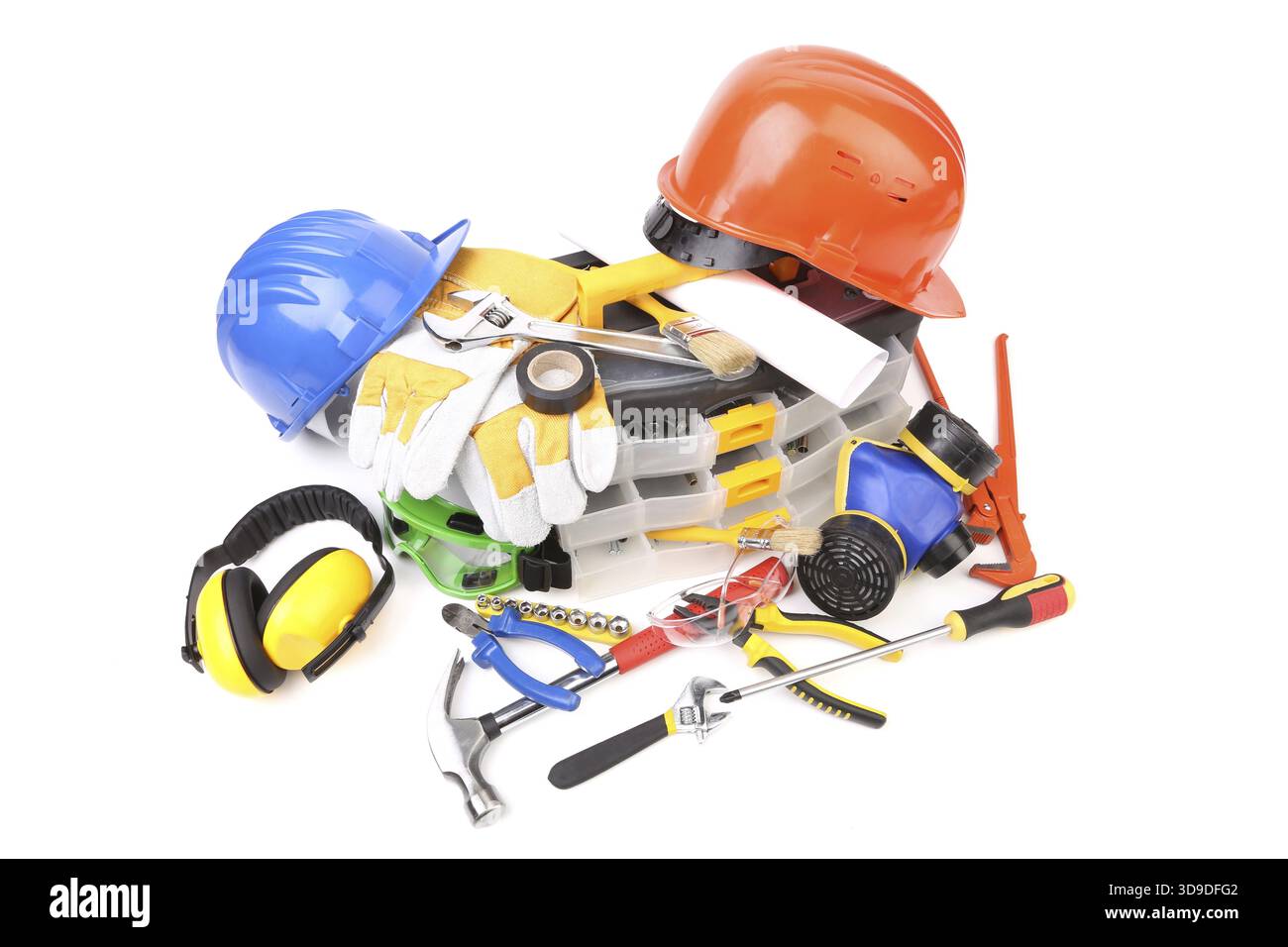 Plastic workbox with assorted tools. Isolated on white background Stock Photo