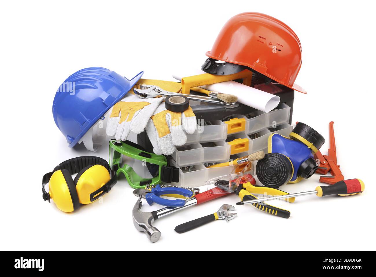 Plastic workbox with assorted tools. Isolated on white background Stock Photo