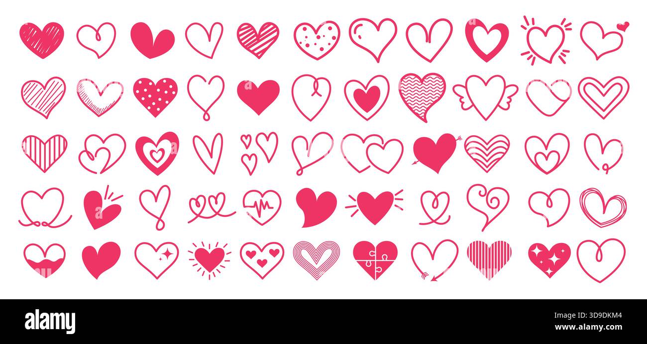 Red heart drawing clipart set. Hearts doodle red icon clip art in ...