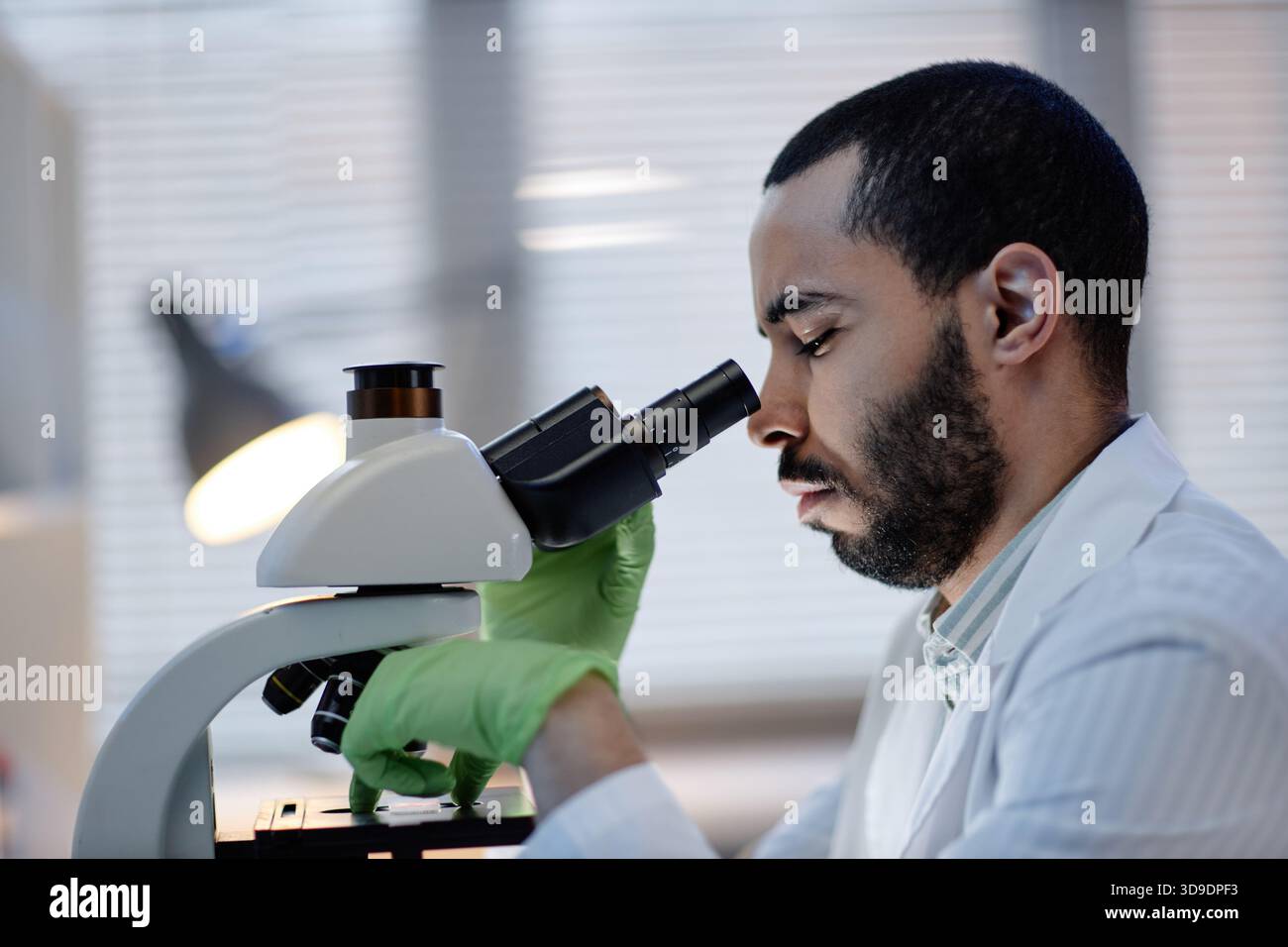 Young Adult Man Examining Samples Using Microscope in Laboratory Stock Photo