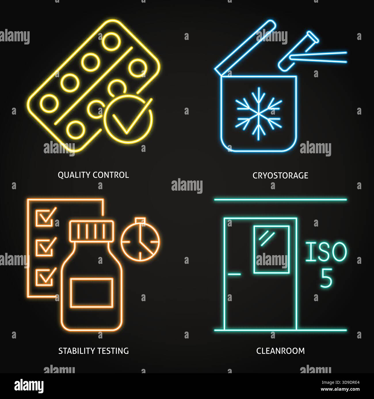 Quality control and standards neon icon set. Stability testing, cold ...