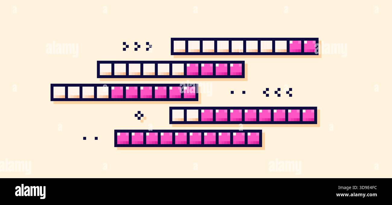 Pixel percentage scale. Five magenta loading process bars. Stock Vector