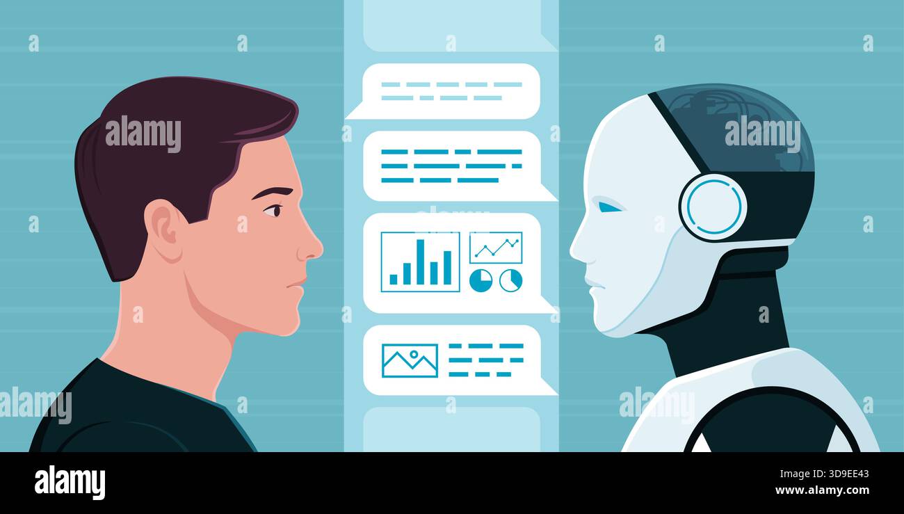 User and AI chatbot interacting, the robot is generating new content: generative AI concept Stock Vector
