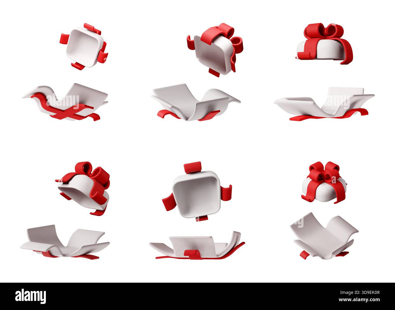 Set of 3D minimalist present icon. Empty white gift boxes with red ...