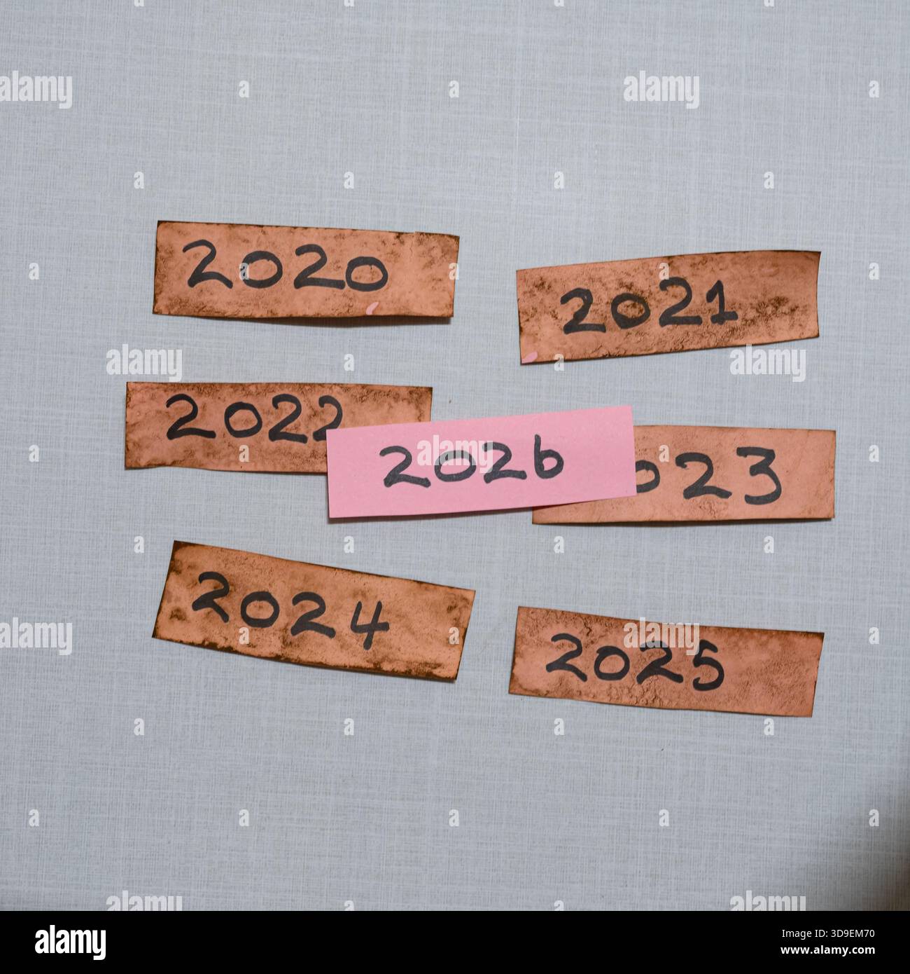 This photo displays yearly labels from 2020 to 2026, symbolizing ...