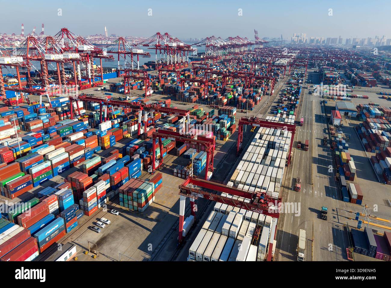 Aerial photo shows the Qianwan Container Terminal in Qingdao City, east ...
