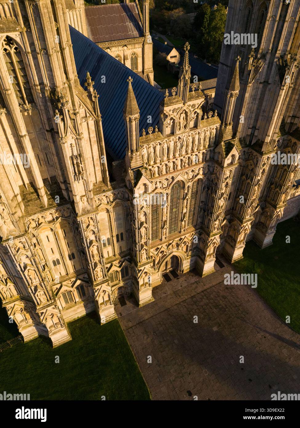 High angle view of the west facade of Wells Cathedral, Somerset, UK. Stock Photo