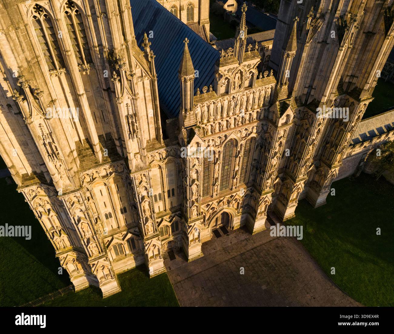 High angle view of the west facade of Wells Cathedral, Somerset, UK. Stock Photo