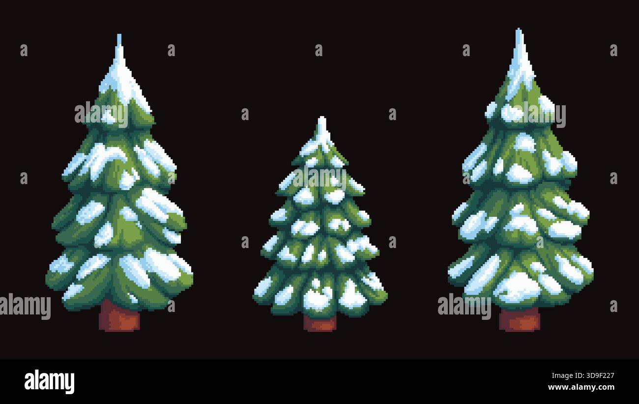 Snowy Pine Trees Pixel Art Set on Dark Background Stock Vector Image ...