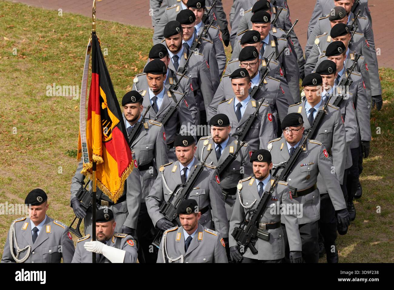 FILE - New recruits of the German Army Bundeswehr attend a ceremony to ...