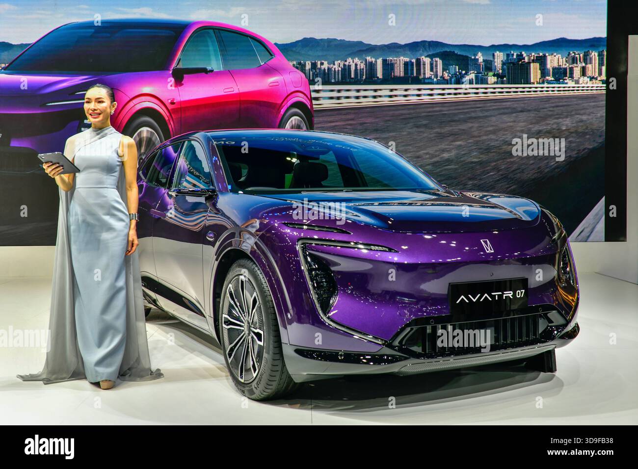 BANGKOK - DEC 1, 2025 :AVATR 07 a luxury smart electric SUV from China, features a futuristic, modern design and unique Double-C Shape headlights Stock Photo