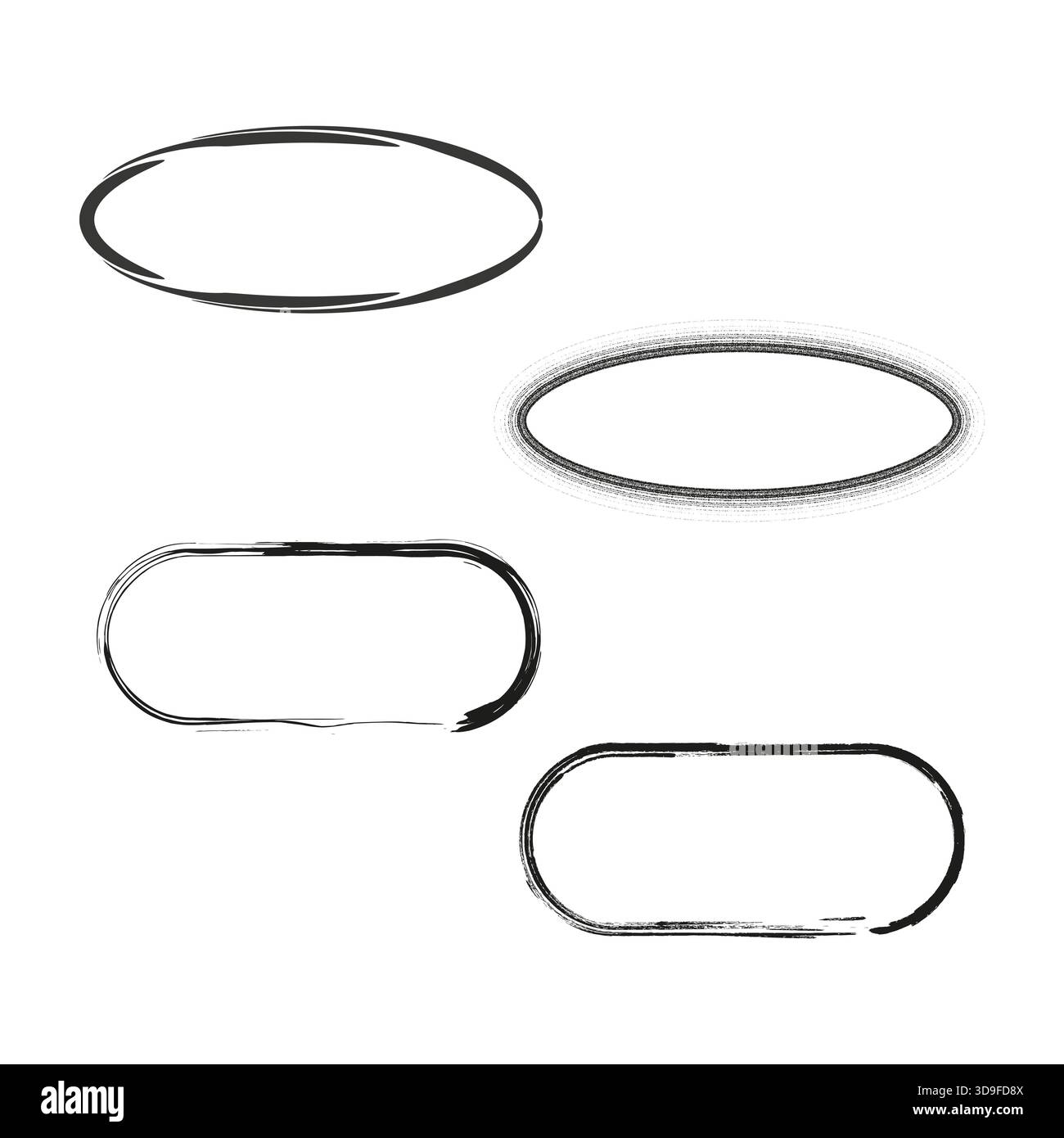 Grunge circle frames. Distressed oval shapes. Ink brush Vector set. Abstract texture border. EPS 10. Stock Vector