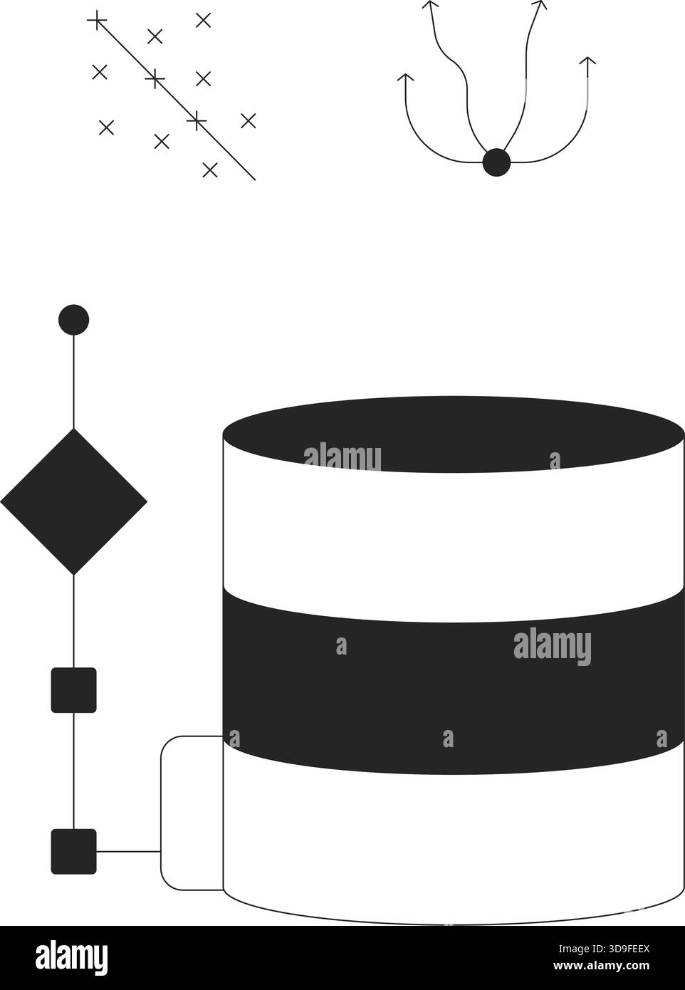 Database with scatter plot and flow diagram 2D line objects set Stock Vector