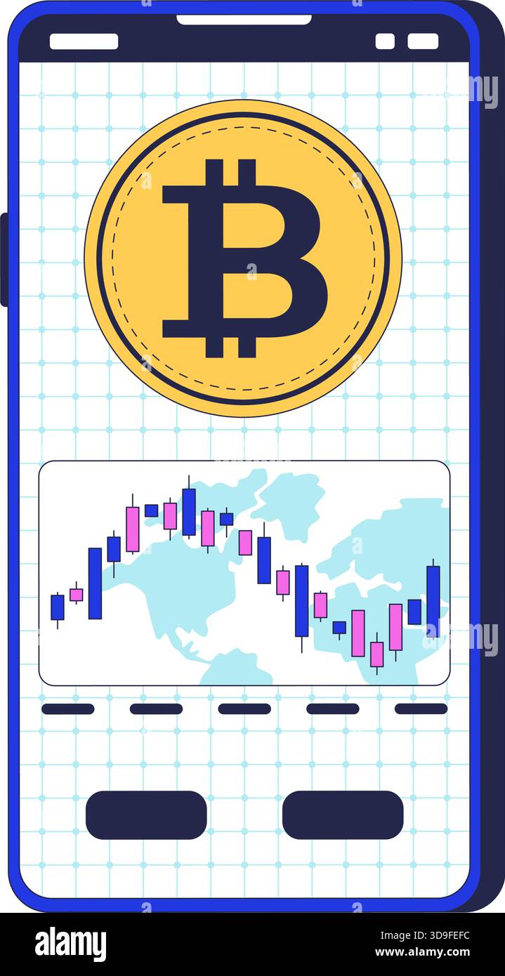 Bitcoin and trading chart on smartphone screen 2D cartoon object Stock Vector