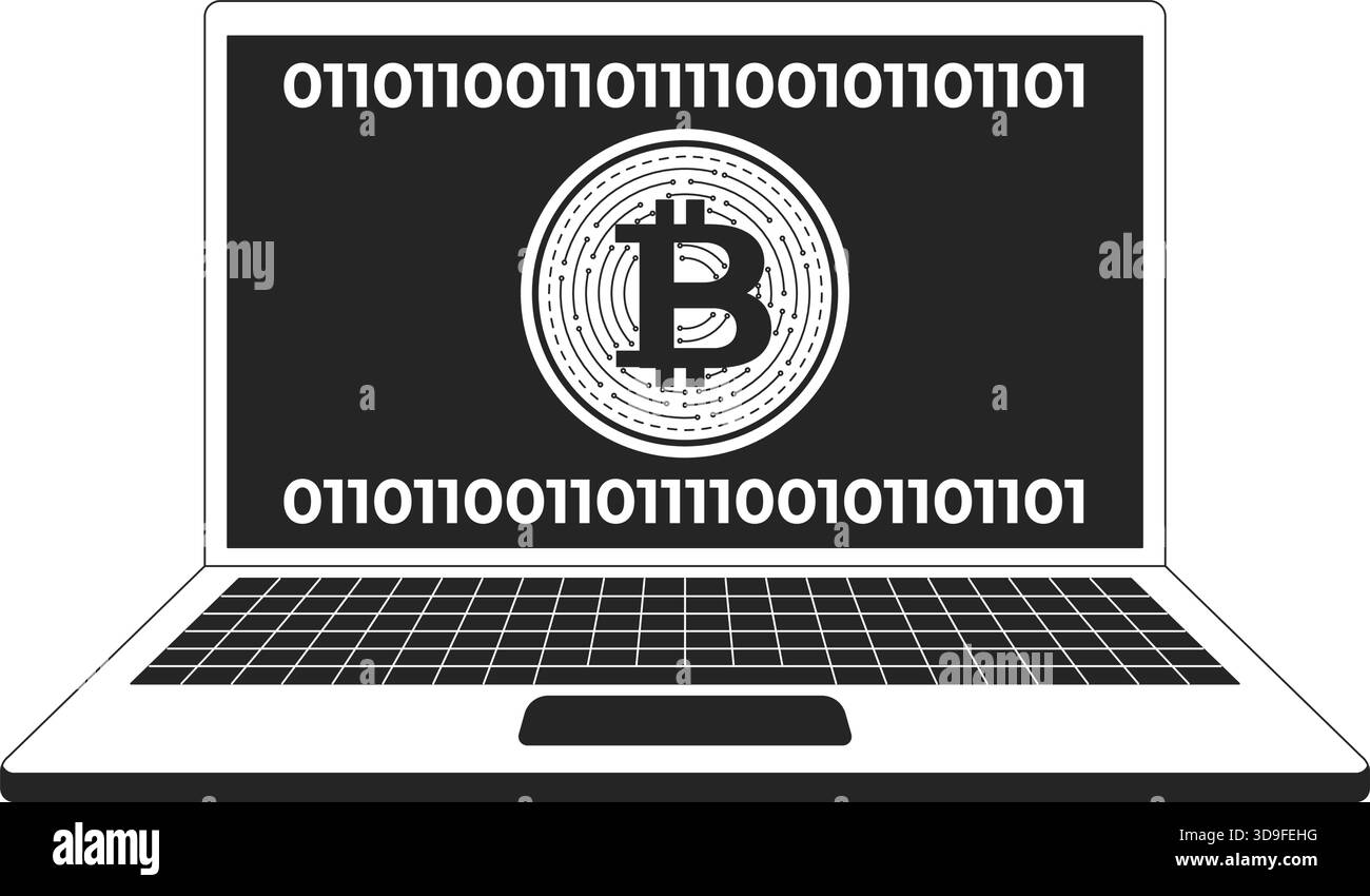 Bitcoin symbol on laptop screen with binary code 2D line object Stock Vector