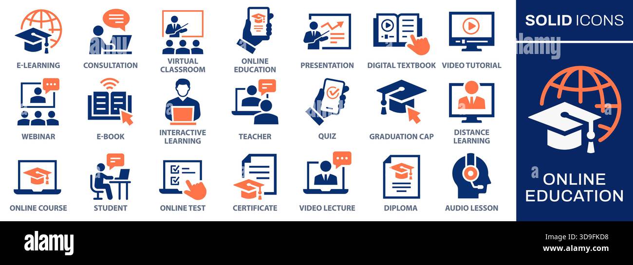 Online, education icon set. Collection of audio lesson, video tutorial ...