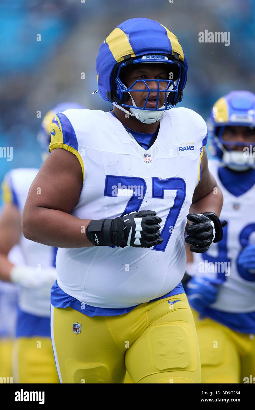 Los Angeles Rams offensive tackle Alaric Jackson (77) jogs off the ...