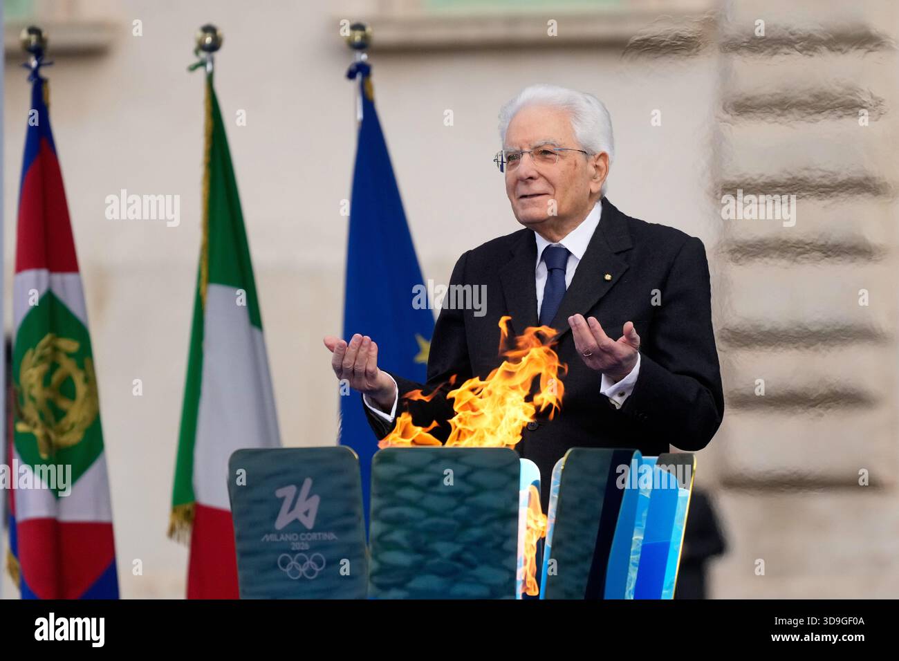 Italian President Sergio Mattarella gestures during the Milan Cortina ...