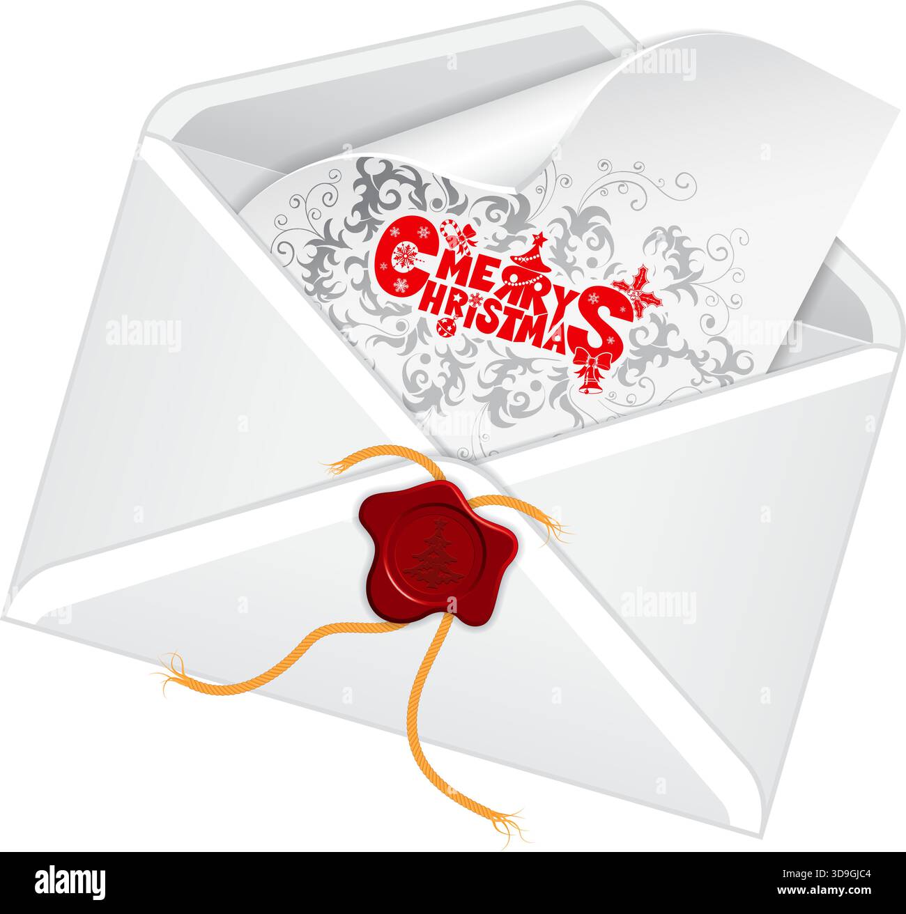 Envelope with Christmas Card, isolated on white, vector illustration Stock Vector