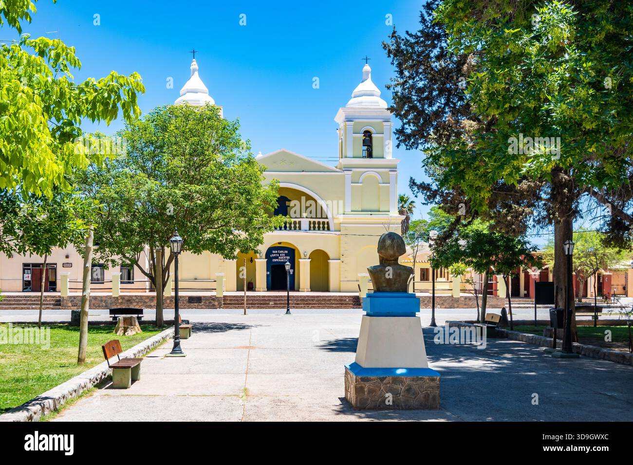 Town center and main church of San Carlos, Salta, Argentina. Stock Photo