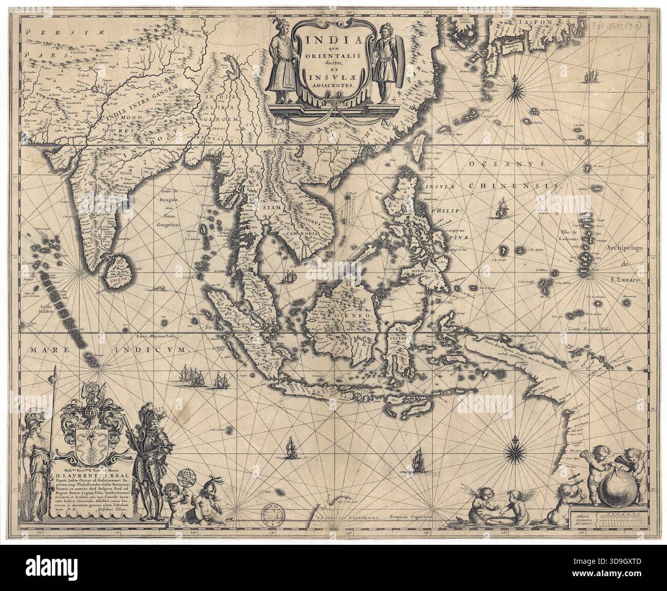 A 1638 map by Willem Jansz Blaeu depicting the East Indies and adjacent ...