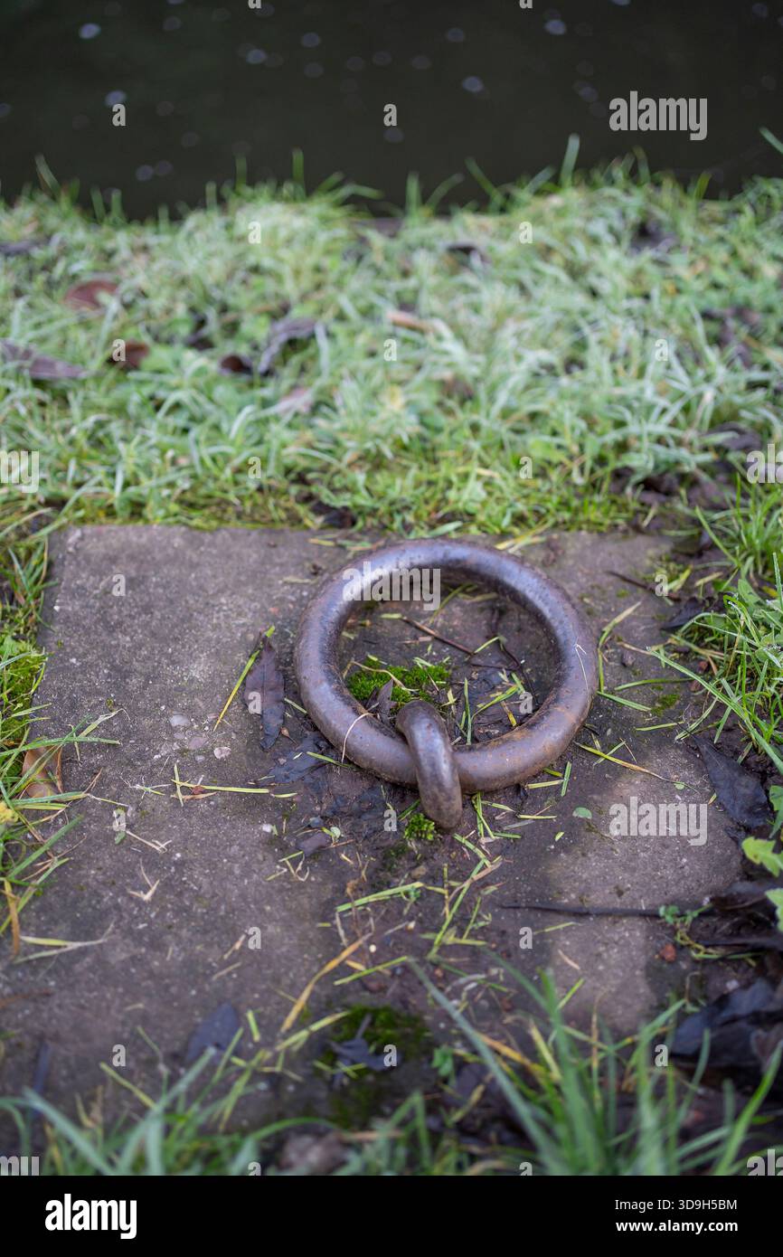 Close up (vertical format) of a steel mooring ring in the ground by the side of a UK canal. Stock Photo