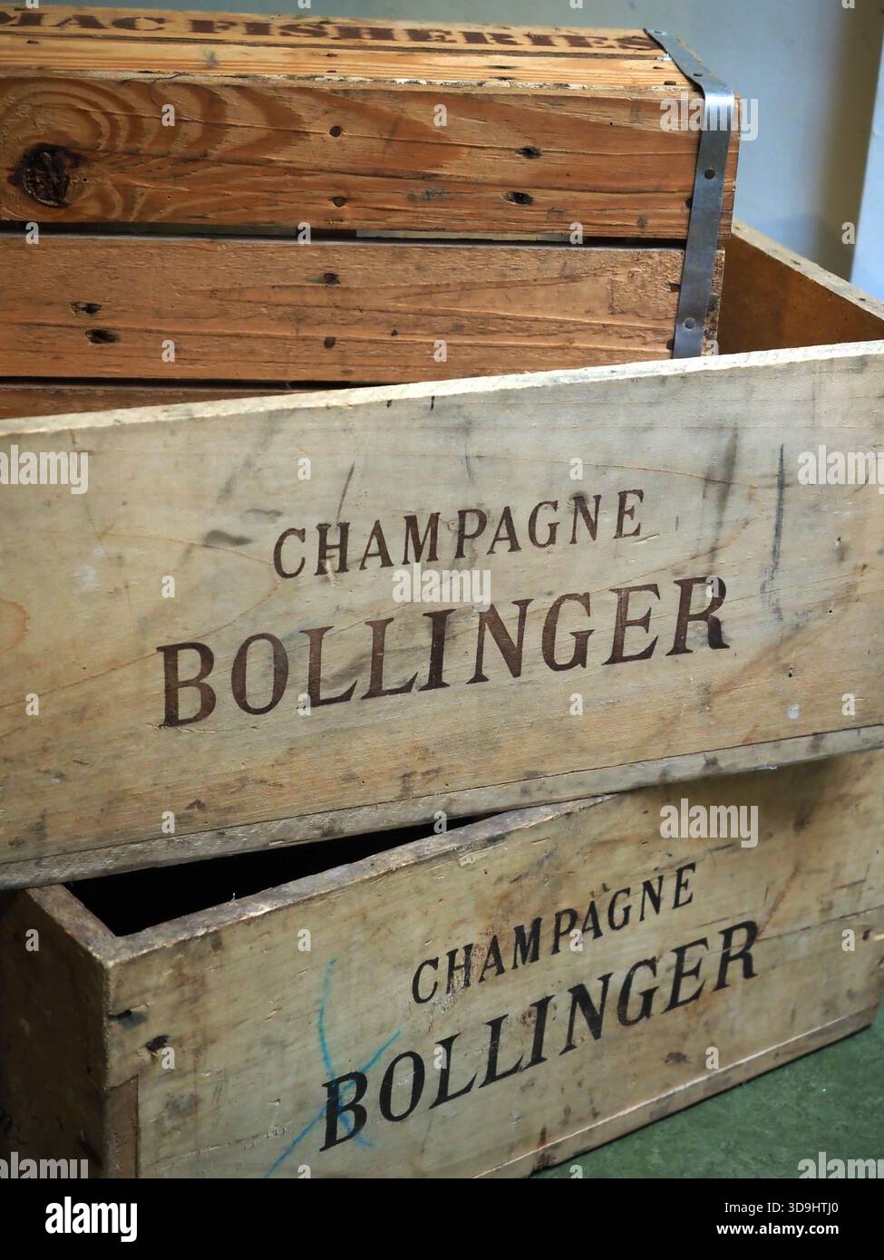 Empty crates of Bollinger Champagne Stock Photo