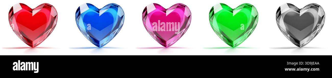 Five heart-shaped gems with bright colors and sharp facets, casting subtle shadows on white background. Stock Vector