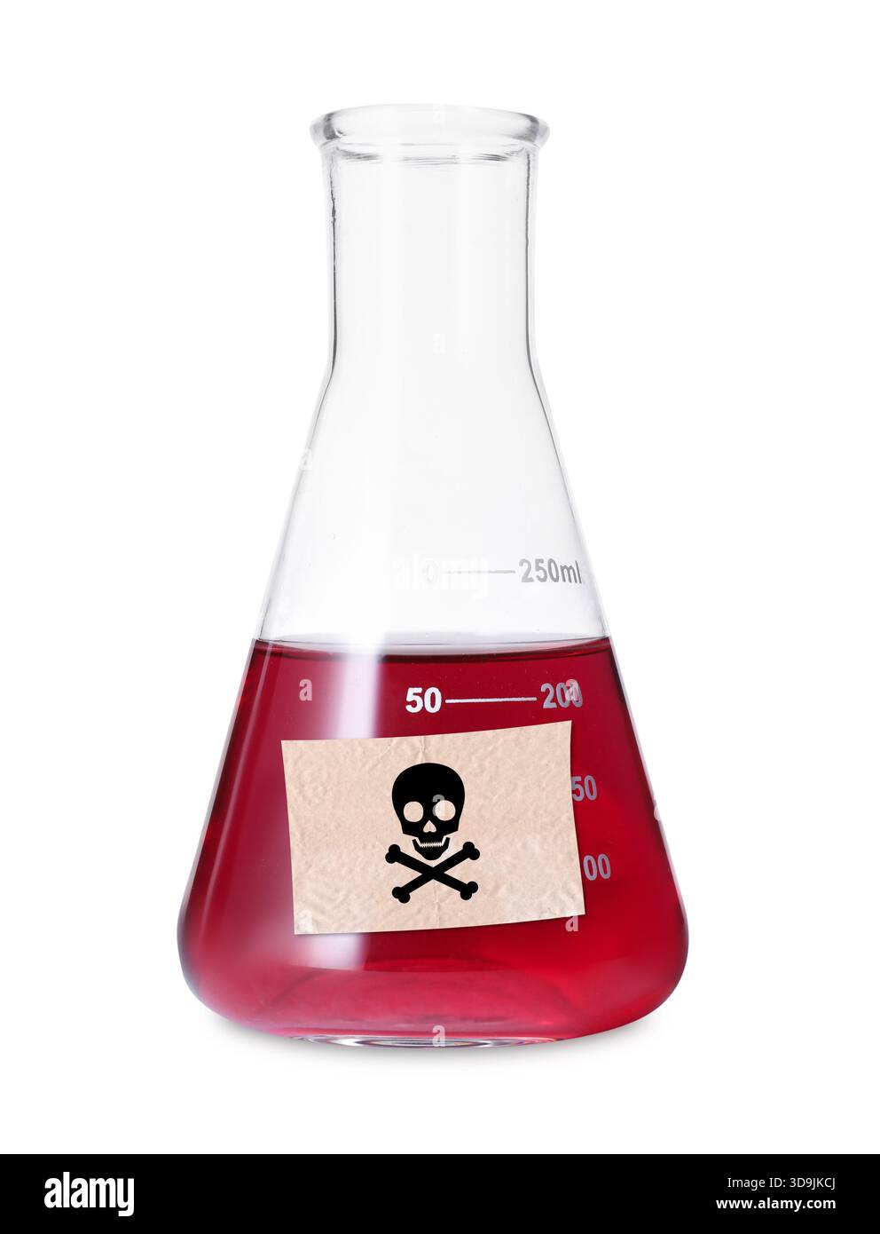 Poison in conical flask isolated on white. Laboratory glassware with ...