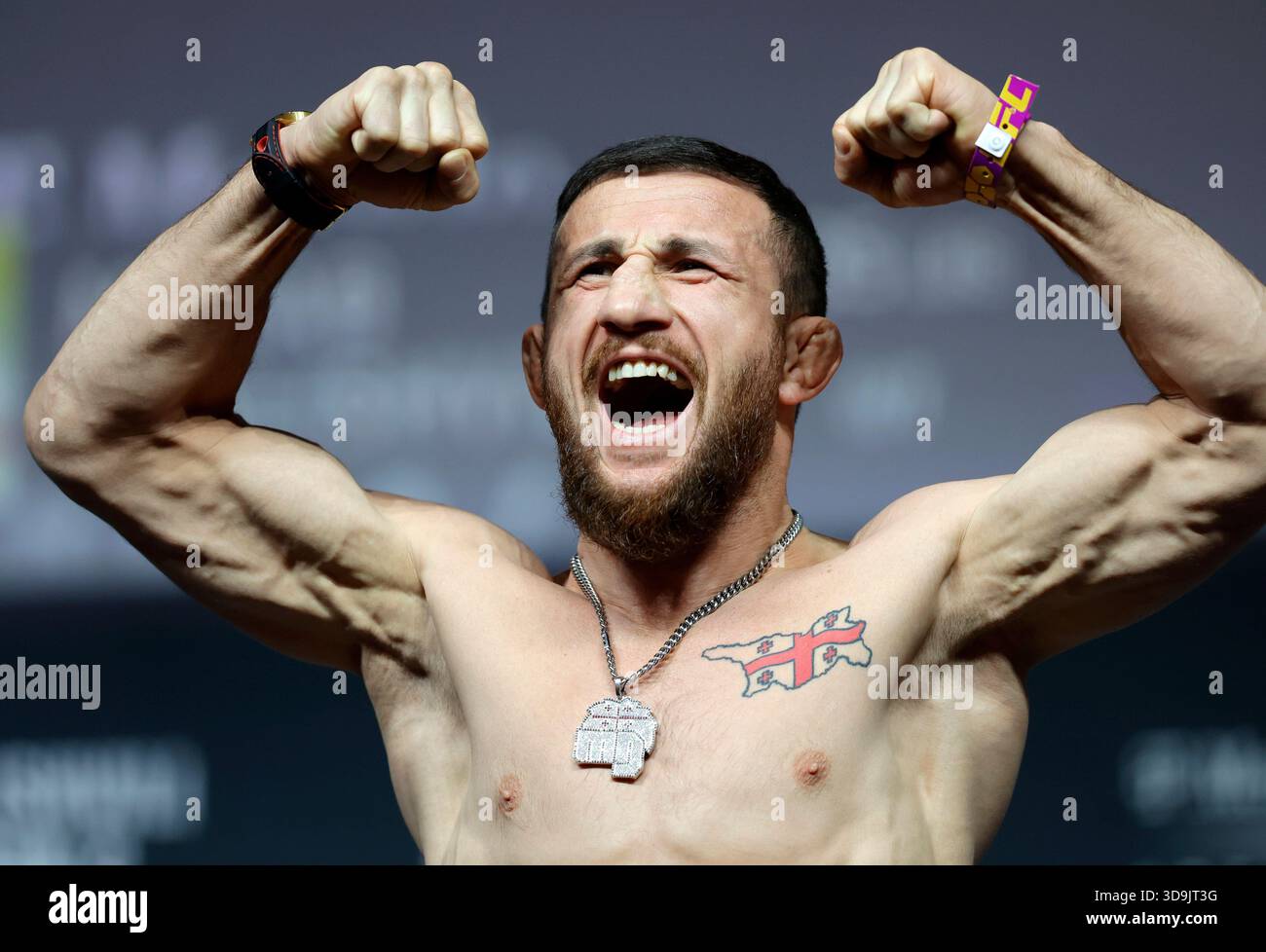 UFC bantamweight champion Merab Dvalishvili, of Georgia, poses on the ...