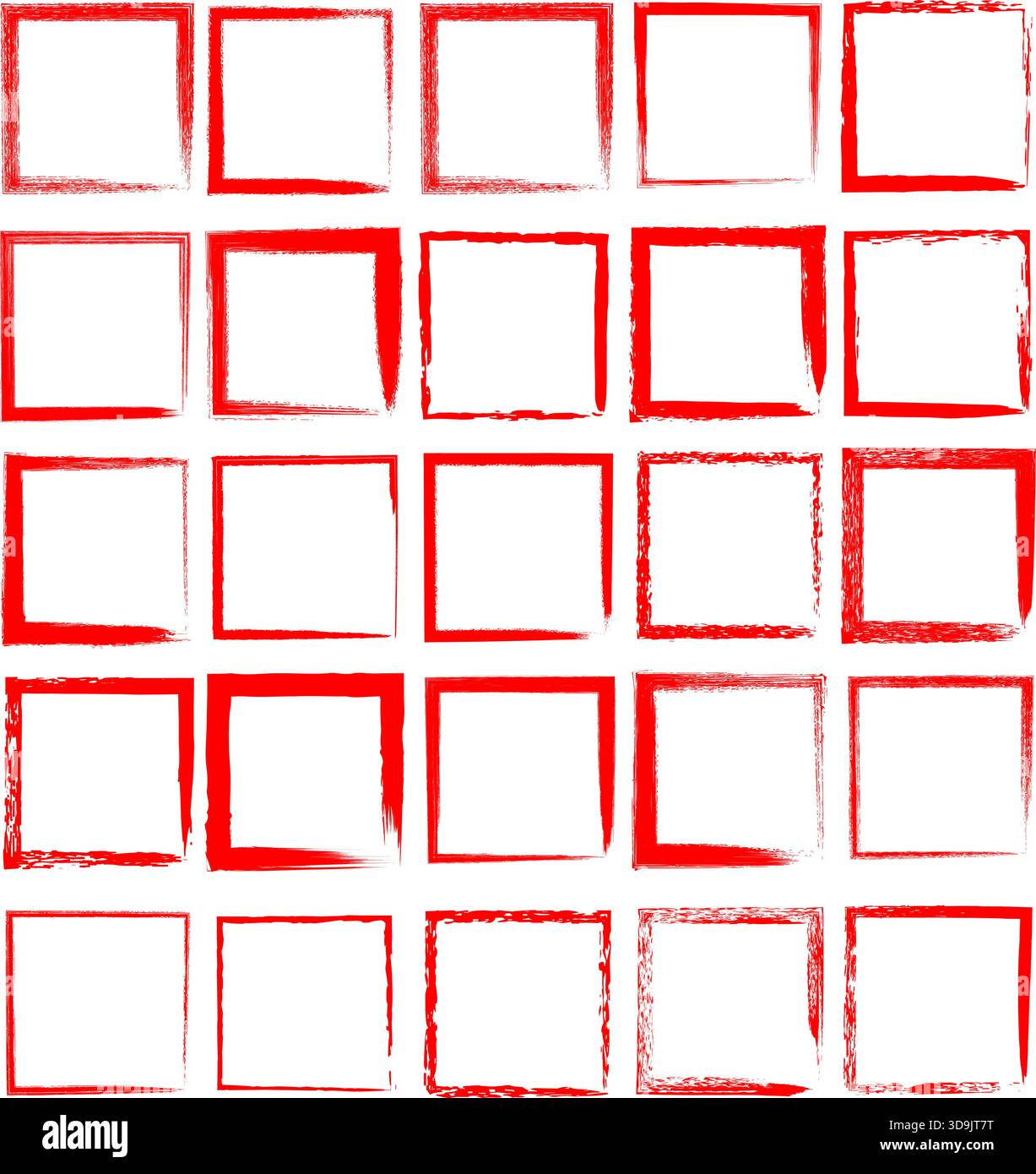 Red Grunge vector Square Frame Set, Rough Brush Border Outline Vector Shapes Design Stock Vector