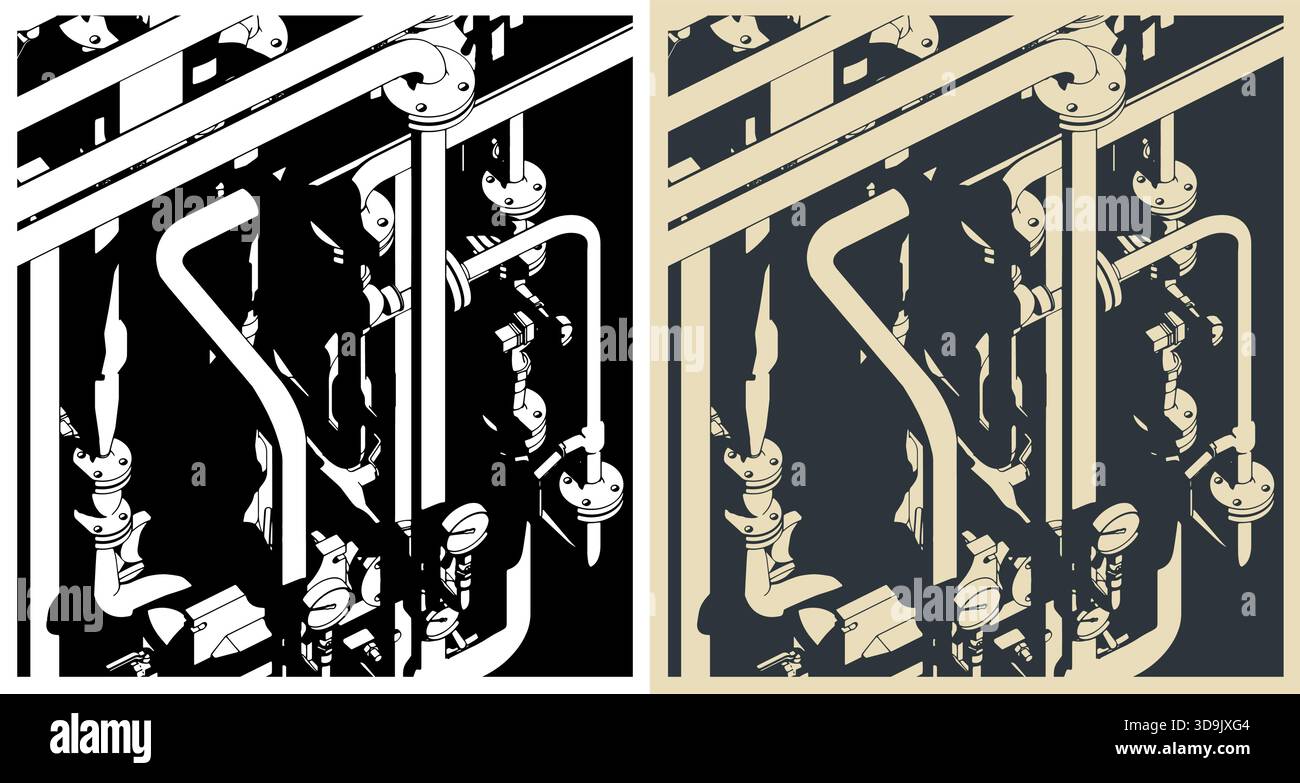 Stylized vector illustrations of industrial pipes valves and pressure ...