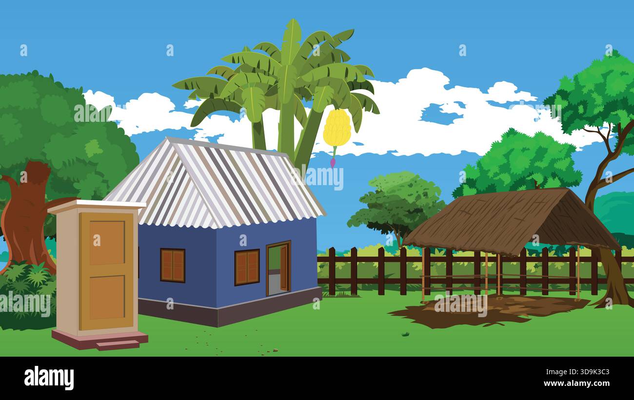 Indian Village House Rural Landscape Illustration Stock Vector