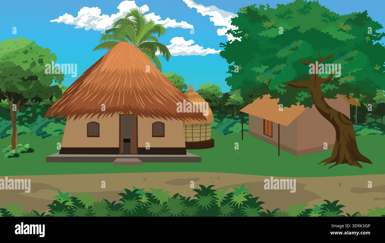 Indian Village House Rural Landscape Illustration Stock Vector Image ...