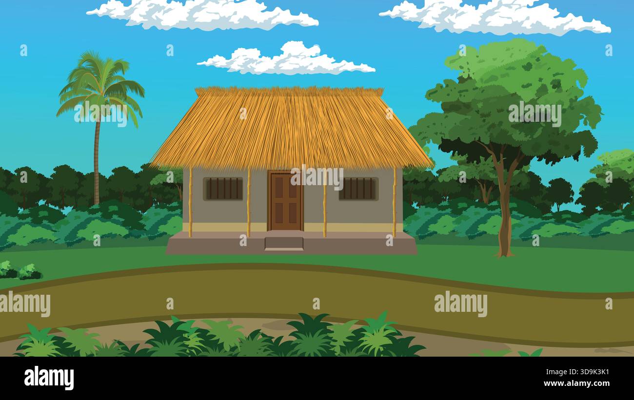 Indian Village House Rural Landscape Illustration Stock Vector Image ...
