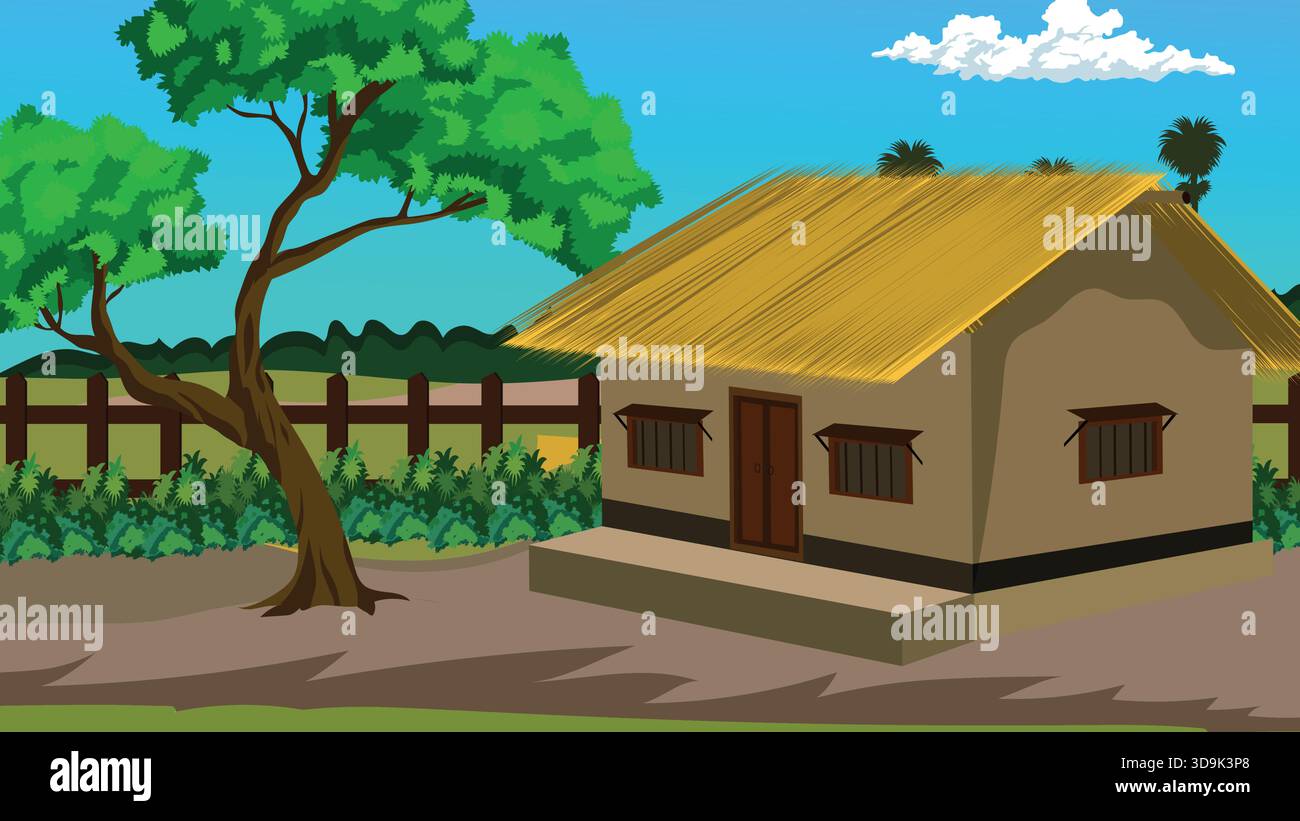 Indian Village House Rural Landscape Illustration Stock Vector Image ...