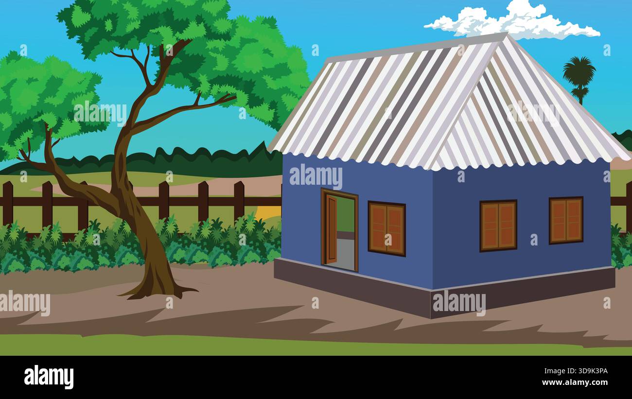 Indian Village House Rural Landscape Illustration Stock Vector Image ...