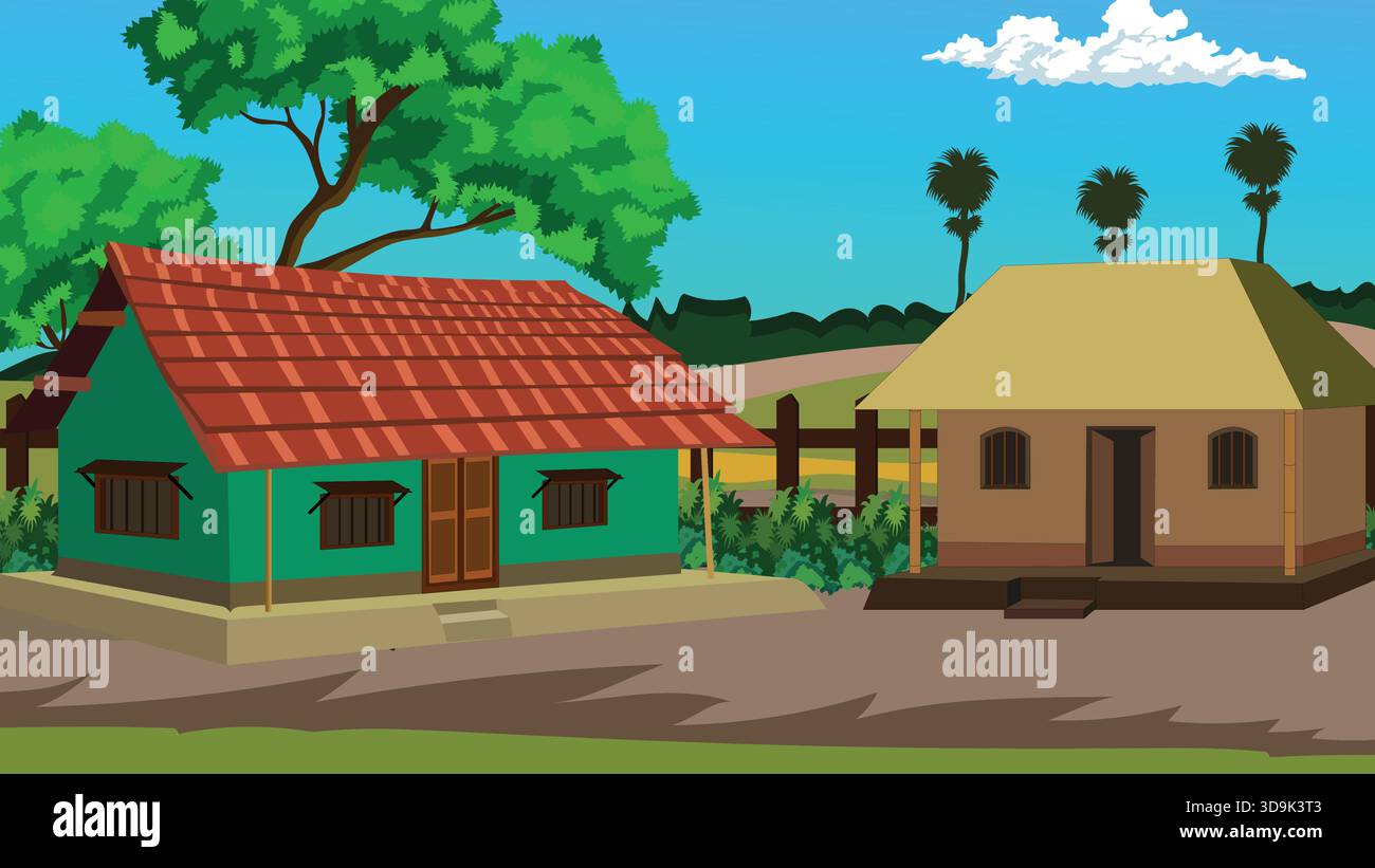 Indian Village House Rural Landscape Illustration Stock Vector Image ...