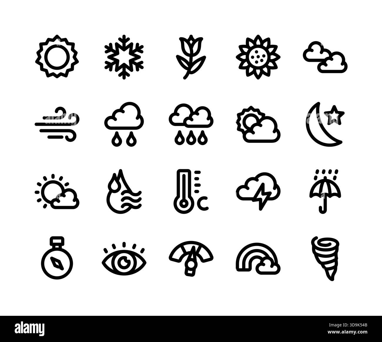 A modern 2D vector weather icon pack with outline featuring clear ...