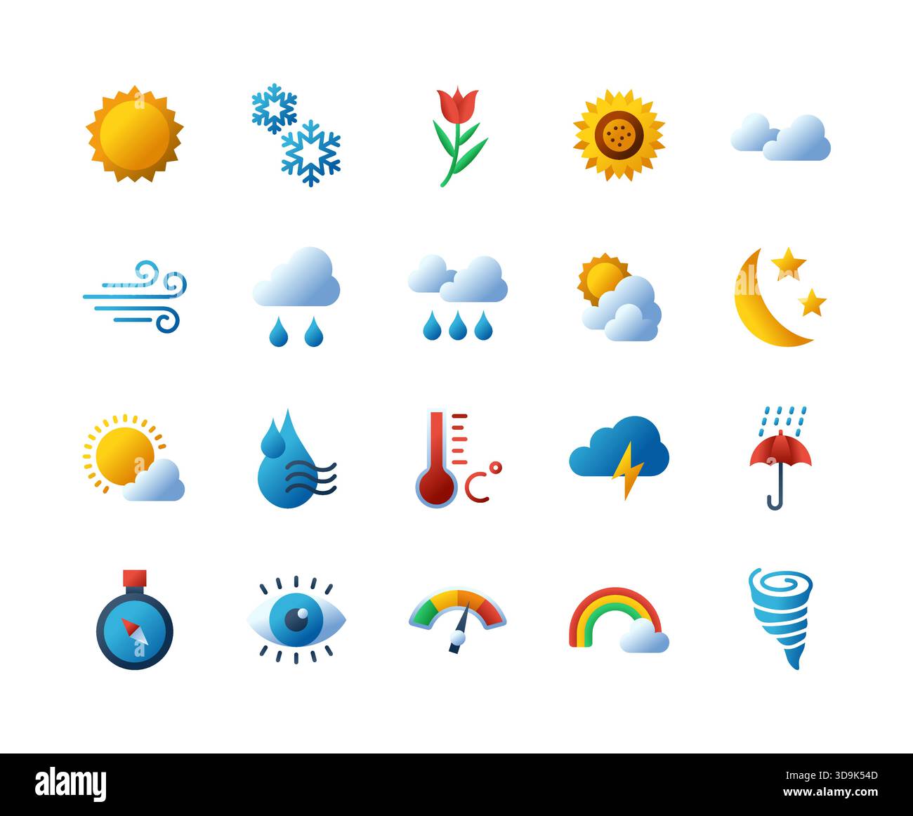 A modern 2D vector weather icon pack with gradient sstyle featuring ...