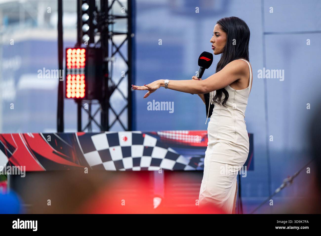 Ariana Bravo (Presenter) on stage at the Fan Forum in the Fan Zone, UAE ...