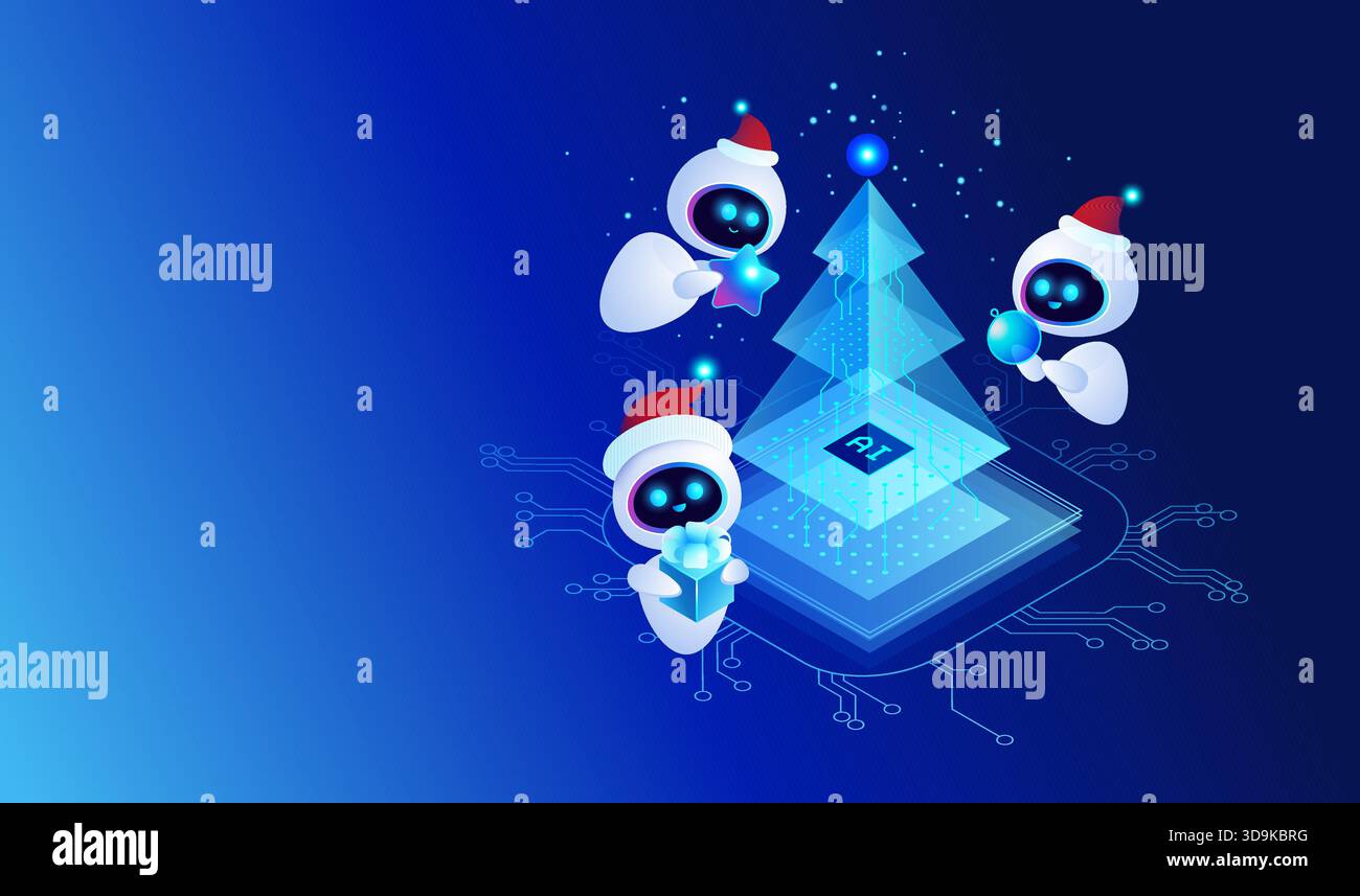 AI Agents Decorating Digital Christmas Tree - concept technology vector illustration Stock Vector