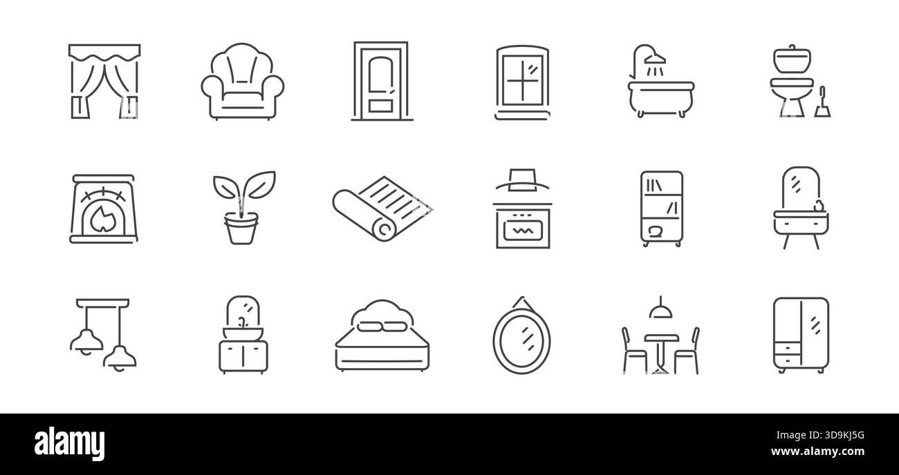 Furniture and interior items line icons. Household items concept. Appliances, decoration set of outline symbols or signs Stock Vector